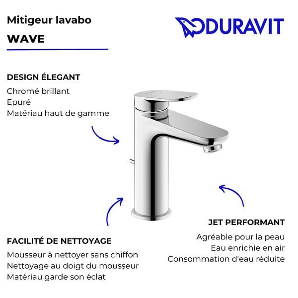 DURAVIT - Mitigeur lavabo Wave M avec vidage chromé brillant - large