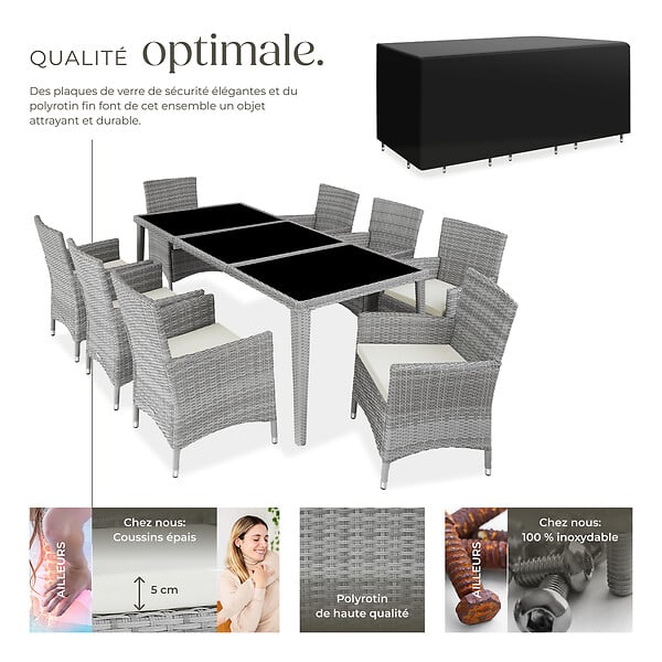 TECTAKE - Salon de jardin Menorca 8 places avec 2 sets de housses + housse de protection gris clair - large