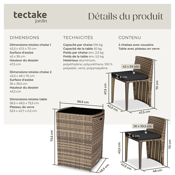 TECTAKE - Salon de jardin HAMBOURG 2 places en aluminium marron naturel - large