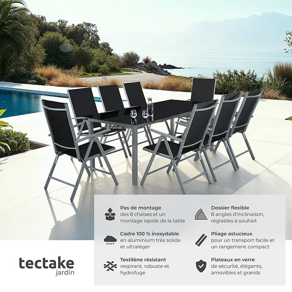 TECTAKE - Ensemble salon de jardin 8 pièces aluminium gris anthracite piètement thermolaqué plateau verre massif chaises pliantes inclinables 189x90x72,7 cm - large