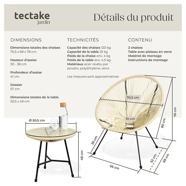 TECTAKE - Ensemble table et chaises de jardin Santana beige - large