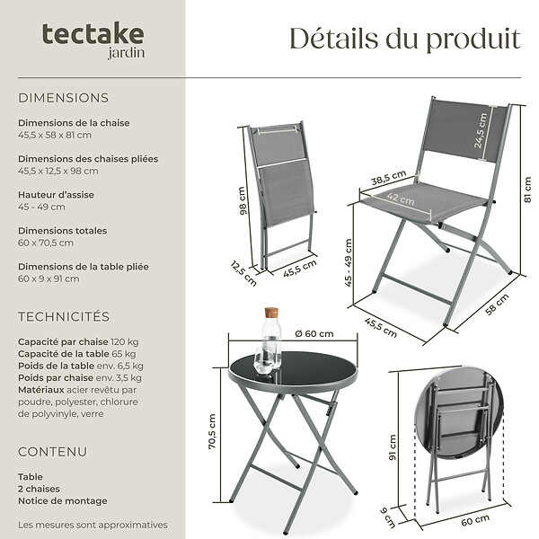 TECTAKE - Ensemble table et chaises de jardin DUSSELDORF gris - large