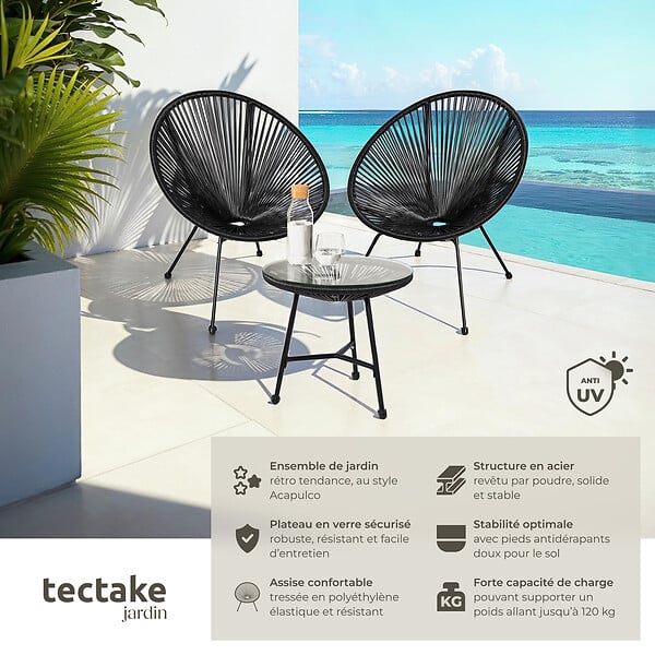 TECTAKE - 2 Places ensemble mobilier extérieur noir fauteuils confortables style acapulco table plateau en verre cordage élastique montage facile - large