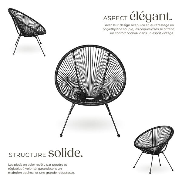 TECTAKE - 2 Places ensemble mobilier extérieur noir fauteuils confortables style acapulco table plateau en verre cordage élastique montage facile - large