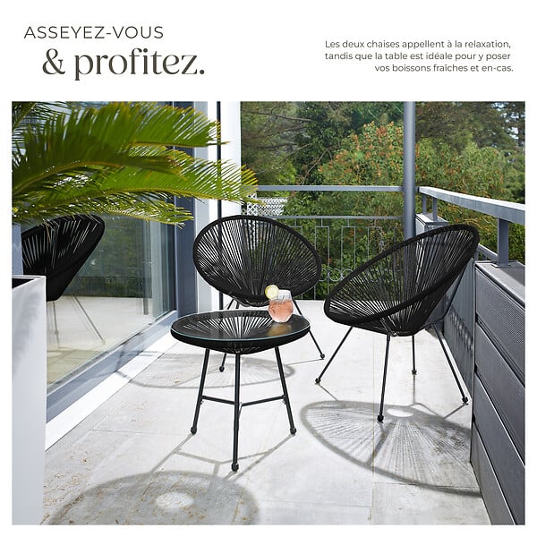 TECTAKE - 2 Places ensemble mobilier extérieur noir fauteuils confortables style acapulco table plateau en verre cordage élastique montage facile - large