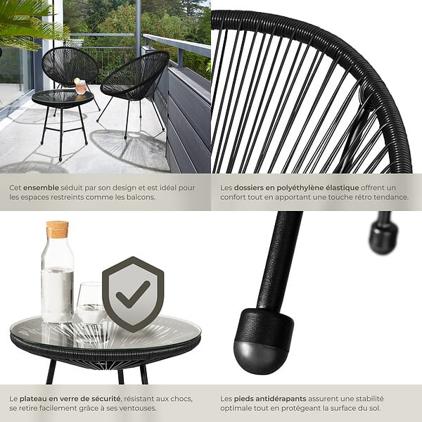 TECTAKE - 2 Places ensemble mobilier extérieur noir fauteuils confortables style acapulco table plateau en verre cordage élastique montage facile - large