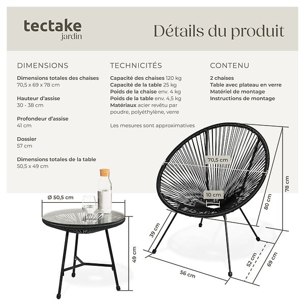 TECTAKE - 2 Places ensemble mobilier extérieur noir fauteuils confortables style acapulco table plateau en verre cordage élastique montage facile - large