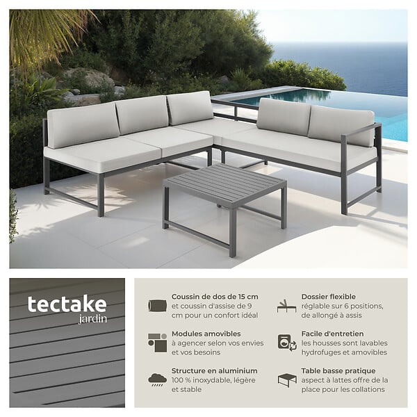 TECTAKE - Ensemble salon de jardin aluminium 2 pieces gris coussins epais dossier reglable table 59 x 59 x 34,5 cm - large