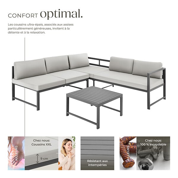 TECTAKE - Ensemble salon de jardin aluminium 2 pieces gris coussins epais dossier reglable table 59 x 59 x 34,5 cm - large