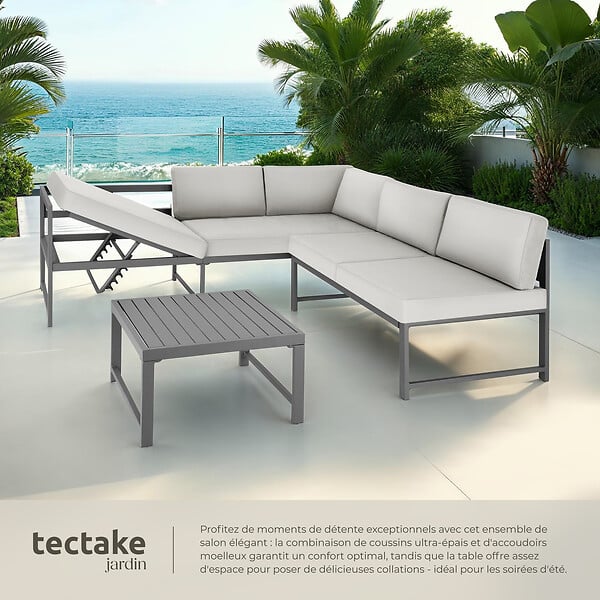 TECTAKE - Ensemble salon de jardin aluminium 2 pieces gris coussins epais dossier reglable table 59 x 59 x 34,5 cm - large