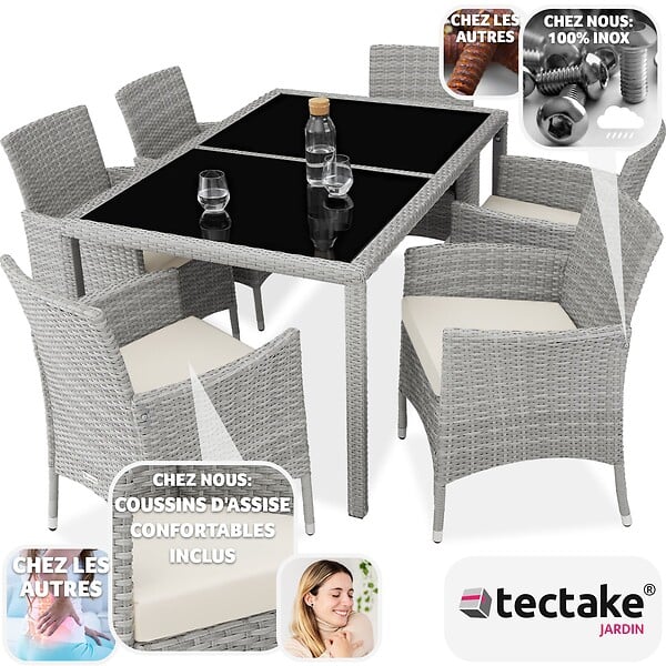 TECTAKE - Salon de jardin 6 places avec housse de protection gris clair/crème - large