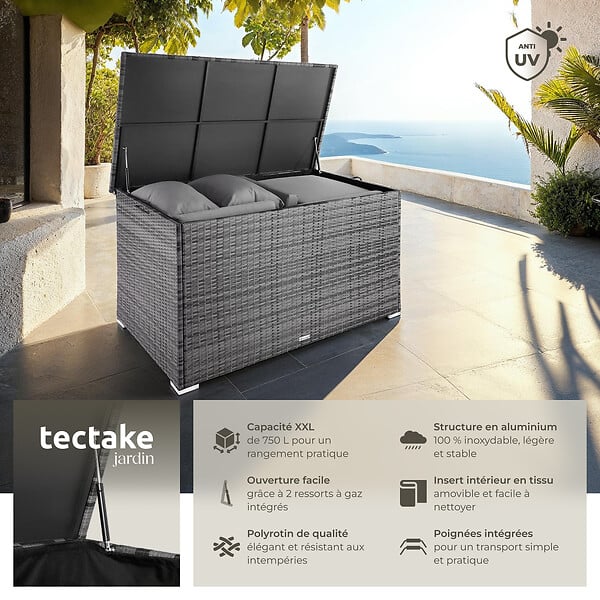 TECTAKE - Coffre de jardin structure en aluminium 145x82,5x79,5cm gris 750L et tressage en rotin - large