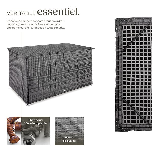TECTAKE - Coffre de jardin structure en aluminium 145x82,5x79,5cm gris 750L et tressage en rotin - large