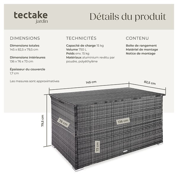 TECTAKE - Coffre de jardin structure en aluminium 145x82,5x79,5cm gris 750L et tressage en rotin - large