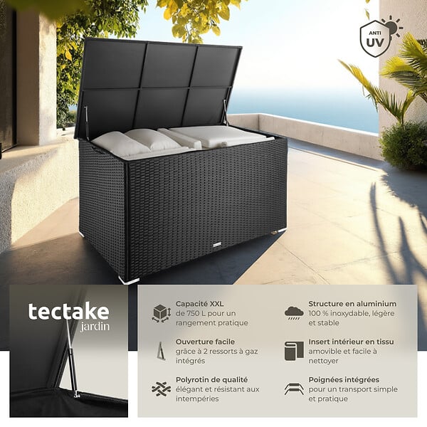 TECTAKE - Coffre jardin en aluminium en résine tressée noir vérins gaz 145x83x80cm 750 l capacité - large