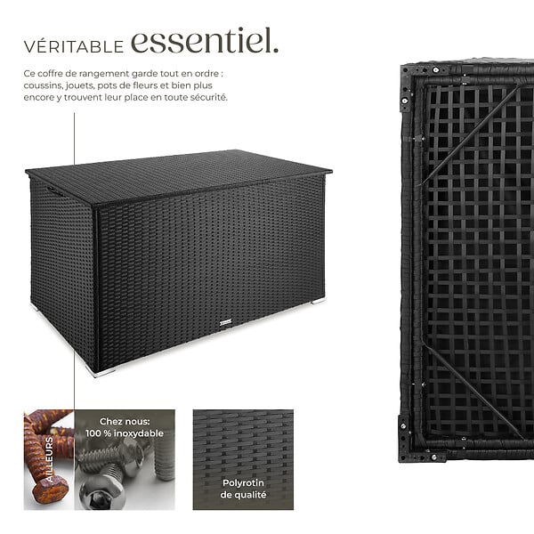 TECTAKE - Coffre jardin en aluminium en résine tressée noir vérins gaz 145x83x80cm 750 l capacité - large