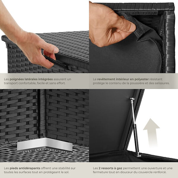 TECTAKE - Coffre jardin en aluminium en résine tressée noir vérins gaz 145x83x80cm 750 l capacité - large