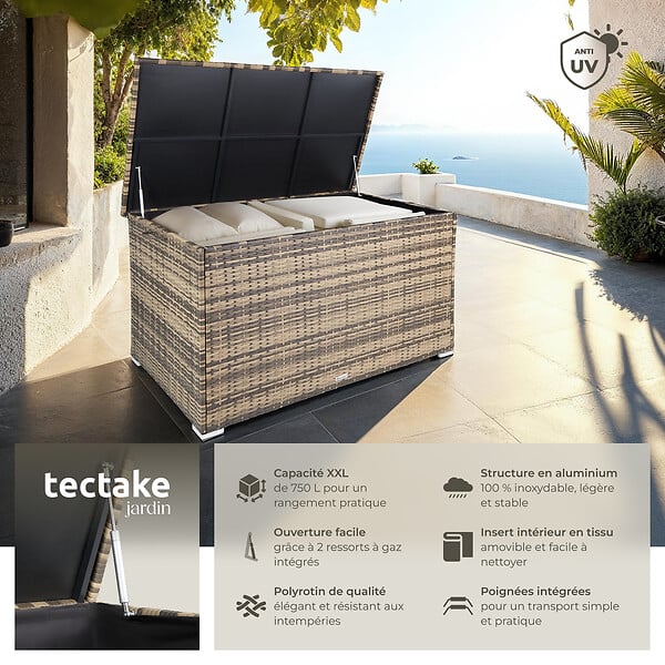 TECTAKE - Coffre de jardin extérieur en aluminium 750 L marron naturel résistant UV 145x82,5x79,5 cm - large