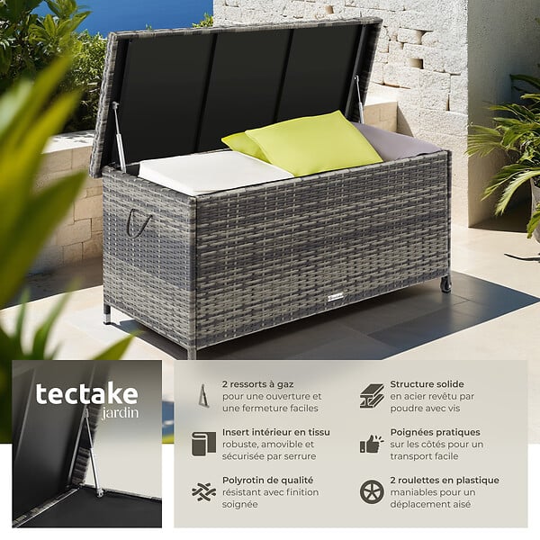 TECTAKE - Coffre de jardin KIRUNA en rotin synthétique 121 x 56 x 60cm 270 L gris - large