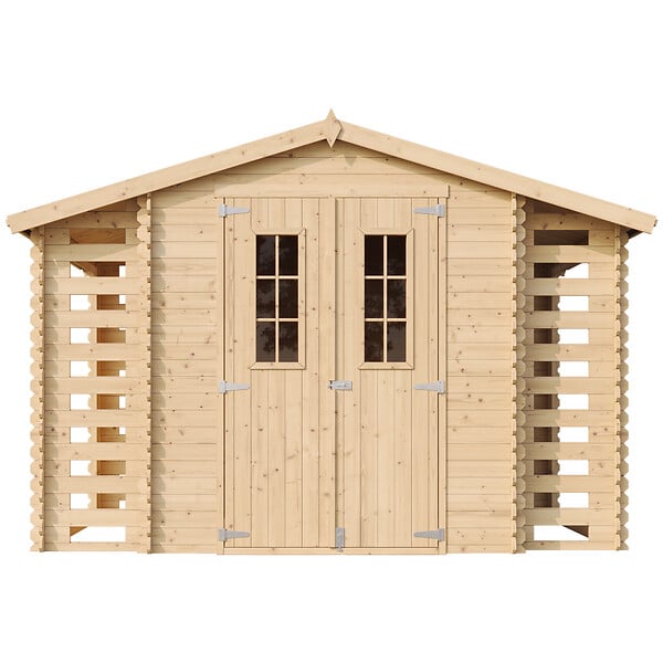 TIMBELA - Abri de jardin en bois et range bûches extérieur AVEC SOL TRAITÉ - extérieur I206xL328xH218 cm/ 3,53 + 0,97+0,97 m2 - M391C+M391G - large