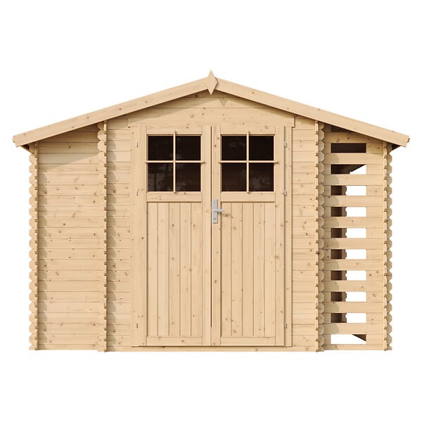 TIMBELA - Abri de jardin en bois et range bûches extérieur AVEC SOL TRAITÉ - extérieur I206xL328xH218 cm/ 3,53 + 0,97+0,97 m2 -  TIMBELA M389F+M389G - large