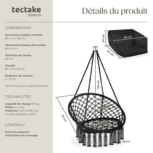 TECTAKE - Fauteuil suspendu GRAZIA noir - large
