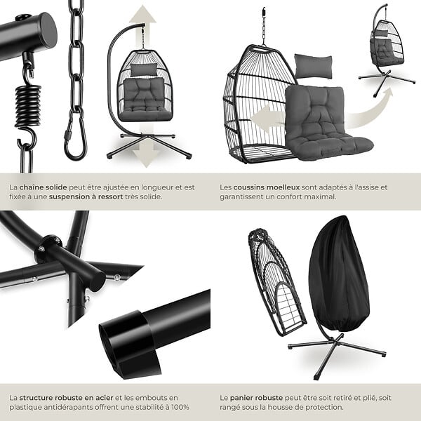 TECTAKE - Fauteuil suspendu pliable en acier avec coussin épais amovible gris foncé capacité 160 kg robuste - large