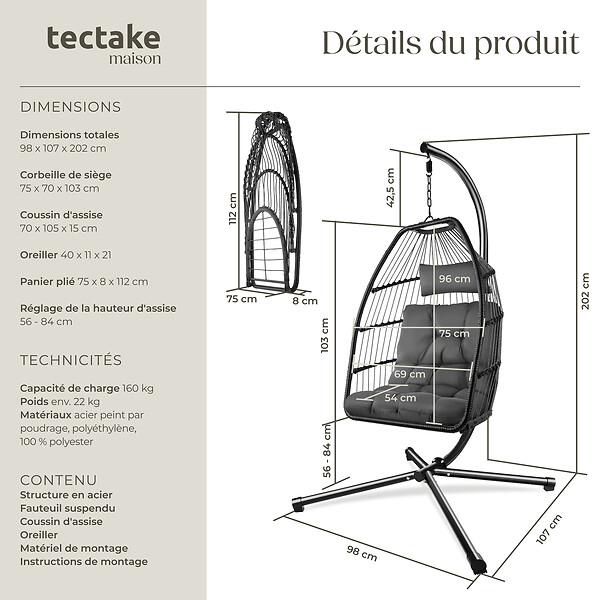 TECTAKE - Fauteuil suspendu pliable en acier avec coussin épais amovible gris foncé capacité 160 kg robuste - large