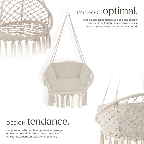 TECTAKE - Fauteuil suspendu beige style bohème romantique coussin moelleux construction robuste usage intérieur extérieur poids léger 80 x 72 x 125 cm - large
