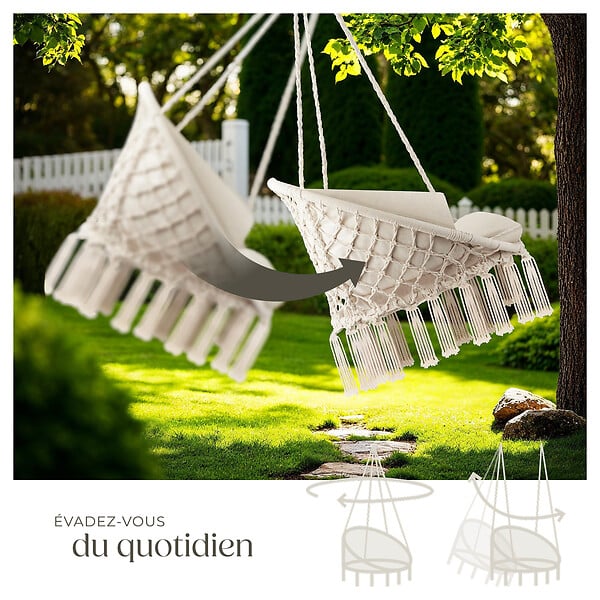 TECTAKE - Fauteuil suspendu beige style bohème romantique coussin moelleux construction robuste usage intérieur extérieur poids léger 80 x 72 x 125 cm - large