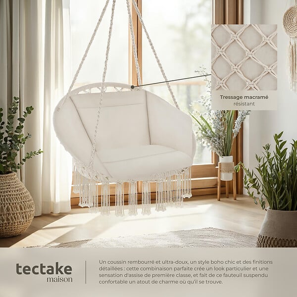 TECTAKE - Fauteuil suspendu beige style bohème romantique coussin moelleux construction robuste usage intérieur extérieur poids léger 80 x 72 x 125 cm - large