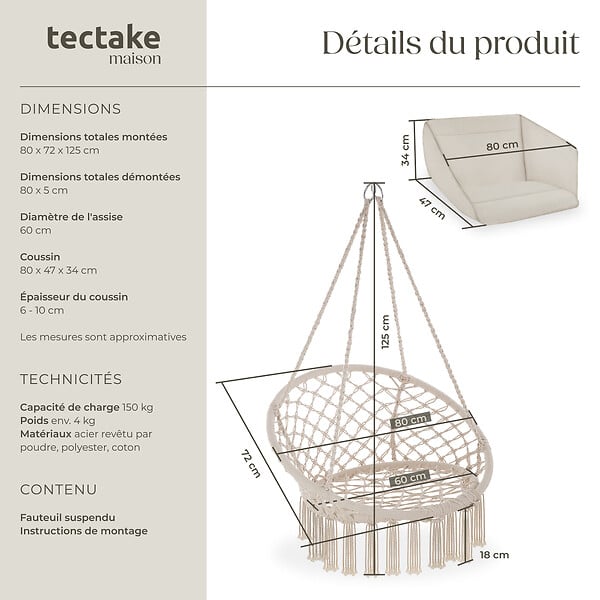 TECTAKE - Fauteuil suspendu beige style bohème romantique coussin moelleux construction robuste usage intérieur extérieur poids léger 80 x 72 x 125 cm - large