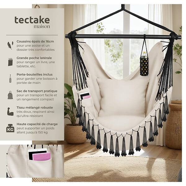 TECTAKE - Fauteuil suspendu Malika, style boho, capacité de charge 150 kg beige - large