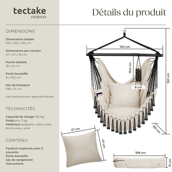 TECTAKE - Fauteuil suspendu Malika, style boho, capacité de charge 150 kg beige - large