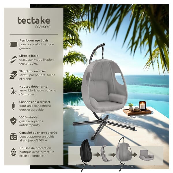 TECTAKE - Fauteuil suspendu ANIKA avec cadre et coussin 160kg gris clair - large
