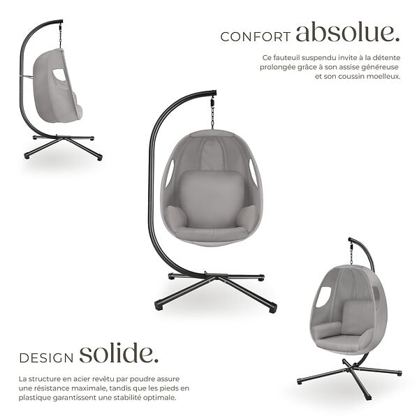 TECTAKE - Fauteuil suspendu ANIKA avec cadre et coussin 160kg gris clair - large
