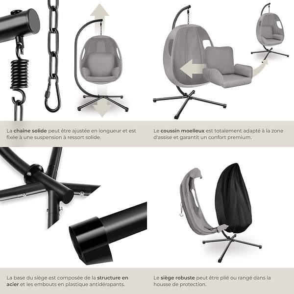 TECTAKE - Fauteuil suspendu ANIKA avec cadre et coussin 160kg gris clair - large