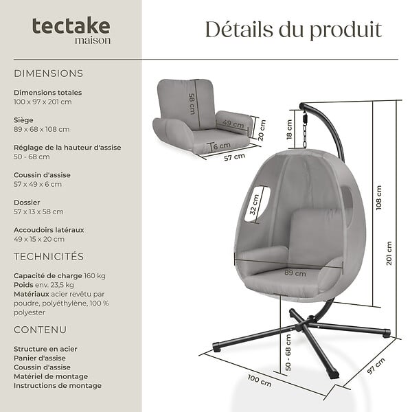 TECTAKE - Fauteuil suspendu ANIKA avec cadre et coussin 160kg gris clair - large