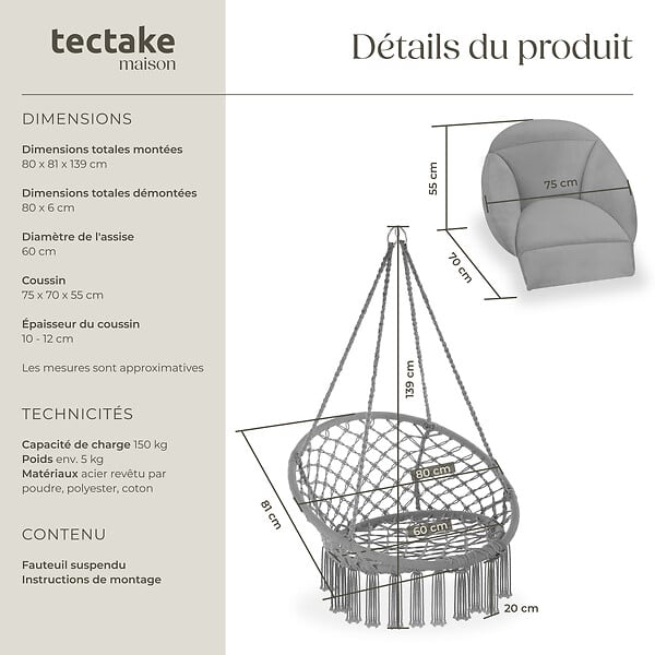 TECTAKE - Fauteuil suspendu Samira gris - large