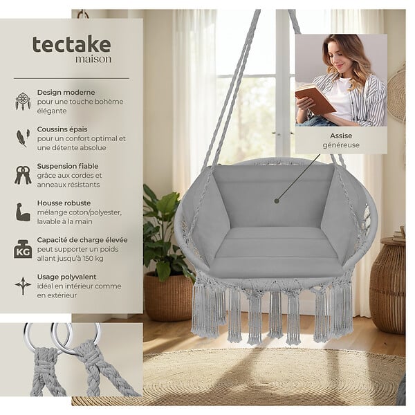 TECTAKE - Fauteuil suspendu GRAZIA gris - large