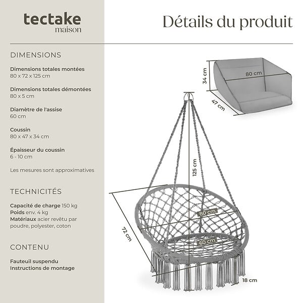 TECTAKE - Fauteuil suspendu GRAZIA gris - large
