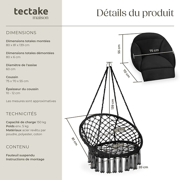 TECTAKE - Fauteuil suspendu Samira noir - large