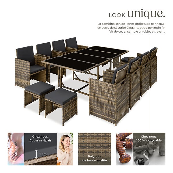 TECTAKE - Salon de jardin 12 places encastrable en marron naturel avec housse de protection en gris foncé - large