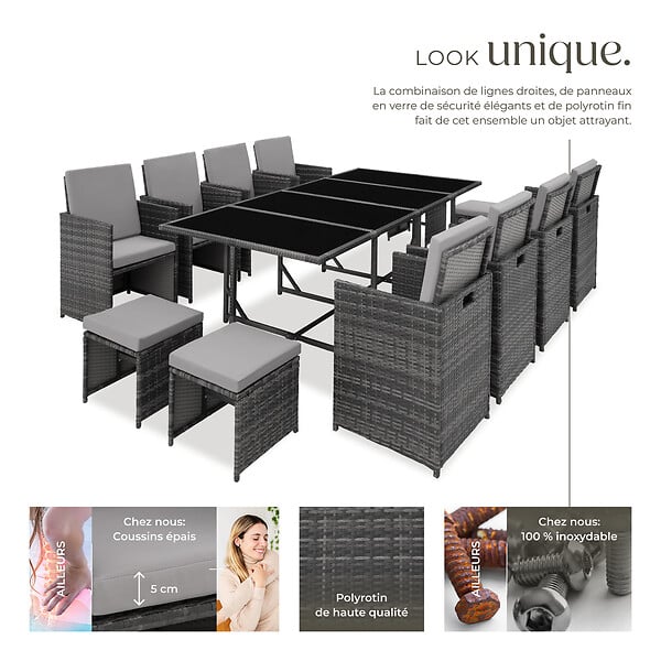 TECTAKE - Salon de jardin en résine tressée 12 places gris clair avec housse de protection encastrable - large