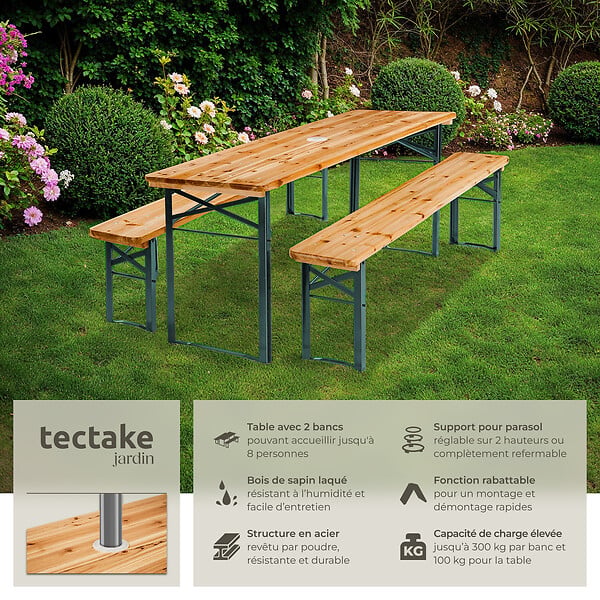 TECTAKE - Ensemble de tables et bancs pliable avec support parasol mobilier de jardin marron en acier sapin - large
