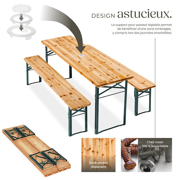 TECTAKE - Ensemble de tables et bancs pliable avec support parasol mobilier de jardin marron en acier sapin - large