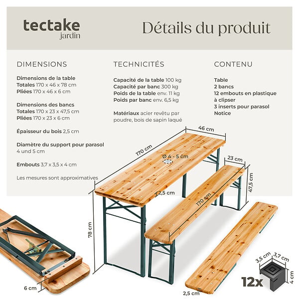 TECTAKE - Ensemble de tables et bancs pliable avec support parasol mobilier de jardin marron en acier sapin - large