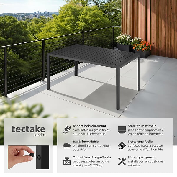 TECTAKE - Table de jardin en aluminium résistante intempéries et UV noir/noir - large