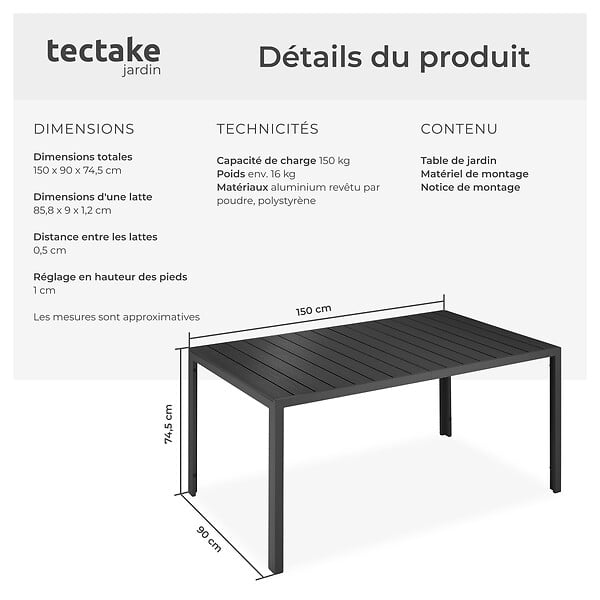 TECTAKE - Table de jardin en aluminium résistante intempéries et UV noir/noir - large