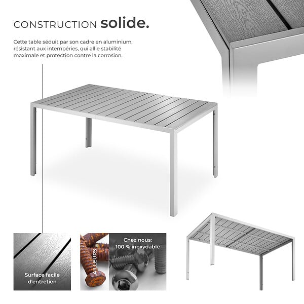 TECTAKE - Table de jardin en aluminium résistante intempéries et UV gris/argent - large